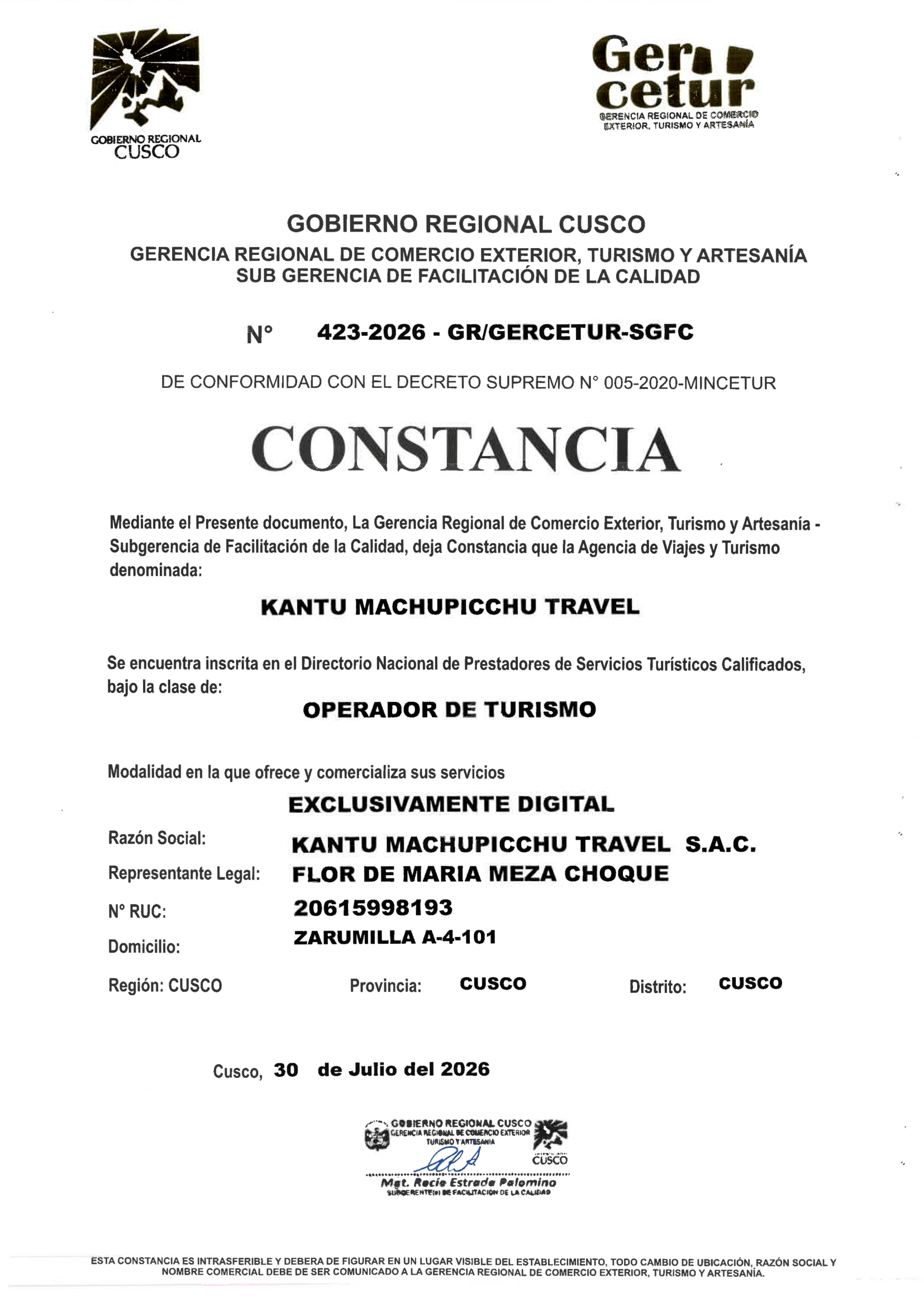 Constancia de operador de turismo